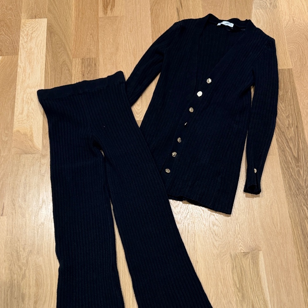 Zara navy Ribbed knit Wide Leg Pants & long Cardigan Set size small - Picture 3 of 9